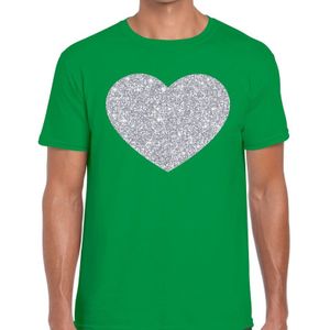 Zilver hart glitter fun t-shirt groen heren - Feestshirts