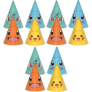 Pokemon themafeest feesthoedjes - 24x - papier - H16 cm - Verkleedhoofddeksels