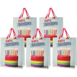 Set van 8x stuks papieren verjaardag giftbags/cadeau tasjes verjaardagstaart 25 x 32 x 12 cm - cadeautasjes