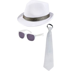 Carnaval verkleedset Men in white - hoed/bril/stropdas - wit - heren/dames - verkleedkleding - Verkleedattributen