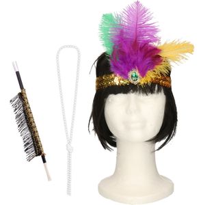 Carnaval verkleed accessoire set - sigarettenhouder/parelketting/hoofdband - charleston/jaren 20 - Verkleedattributen