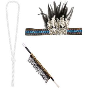 Carnaval verkleed accessoire set - sigarettenhouder/parelketting/hoofdband - charleston/jaren 20 stijl