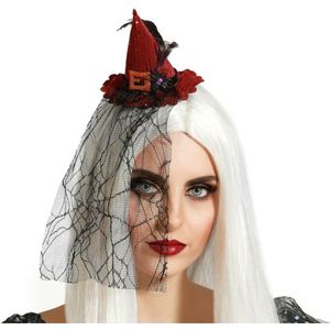 Halloween heksenhoed - mini hoedje op diadeem - one size - rood - met sluier - meisjes/dames - Verkleedhoofddeksels
