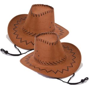 2x stuks bruine leren kinder verkleed cowboyhoed - Verkleedhoofddeksels