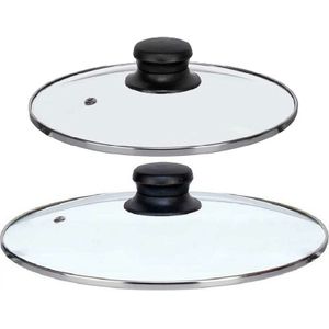 Universele pannendeksel set - 2x stuks - Dia 24/20 cm - glas - stoomgaatje - Pannendeksels