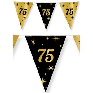Leeftijd verjaardag feest vlaggetjes 75 jaar geworden zwart/goud 10 meter - Vlaggenlijnen