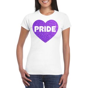 Gay Pride T-shirt voor dames - pride - paars glitter hartje - wit - LHBTI - Feestshirts
