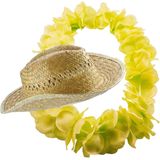 Carnaval verkleed set - Tropische Hawaii party - stro beach hoed - met volle bloemenslinger geel - Verkleedhoofddeksels