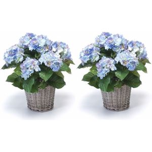 2x Kunstplant blauwe Hortensia in mand 45 cm - Kunstplanten/nepplanten