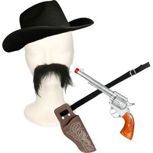 Carnaval verkleed set cowboyhoed Omaha - zwart - cowboy plaksnor/holster/revolver - volwassenen - Verkleedhoofddeksels