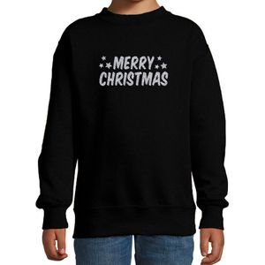 Merry Christmas Kerst sweater / trui zwart voor kinderen met zilveren glitter bedrukking - kerst truien kind
