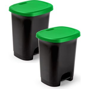 2x Stuks afvalemmer/vuilnisemmer/pedaalemmer 27 liter in het zwart/groen met deksel en pedaal - Pedaalemmers