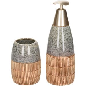 Badkamerset zeeppompje en beker/tandenborstelhouder blauw/grijs polystone 11 cm - badkamer accessoires