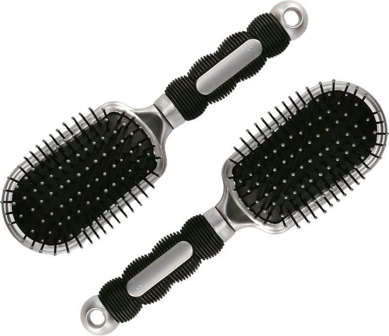 Haarborstel Hairmaster - 2x - zilver met zwart handvat - 23 x 6 cm - kunststof - heren/dames/kindere - Haarborstels