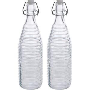 2x Glazen flessen transparant strepen met beugeldop 1000 ml - Drinkflessen