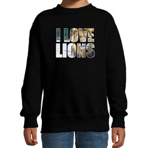 Tekst sweater I love lions met dieren foto van een leeuw zwart voor kinderen - Sweaters kinderen