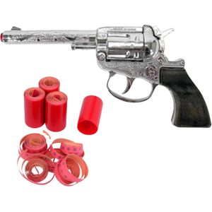 Cowboy speelgoed revolver/pistool - metaal - 100 schots platte plaffertjes - met 2400 shots set - Verkleedattributen