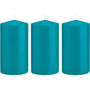 3x Turquoise blauwe woondecoratie kaarsen 8 x 15 cm 69 branduren - Stompkaarsen