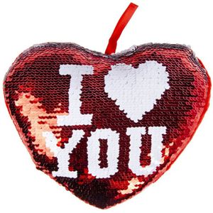 Hartjes Kussen I Love You Rood Metallic met Pailletten 20 cm - Sierkussens