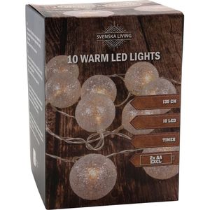 Lichtsnoer met 10 witte glitter bolletjes D5 cm warm wit op batterij 135 cm - Lichtsnoeren