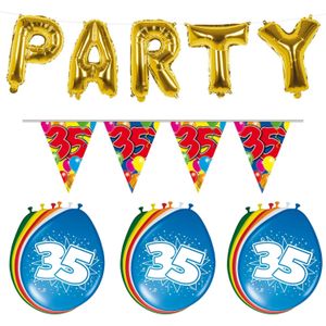 Verjaardag feestversiering 35 jaar PARTY letters en 16x ballonnen met 2x plastic vlaggetjes - Vlaggenlijnen