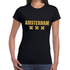 Amsterdam gouden glitter tekst t-shirt zwart dames - Feestshirts