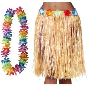 Hawaii verkleed hoela rokje en bloemenkrans met led - volwassenen - naturel - tropisch themafeest - Carnavalskostuums