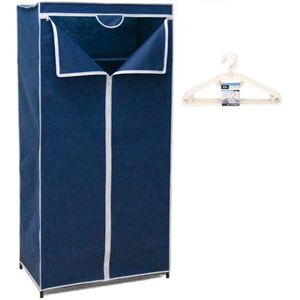 Mobiele opvouwbare kledingkast blauw 75 x 46 x 160 cm incl. 10 witte kledinghangers