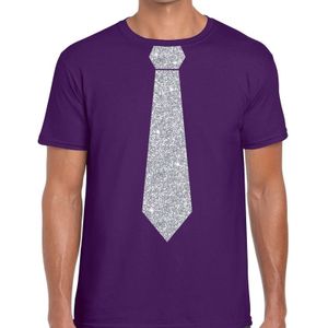 Paars fun t-shirt met stropdas in glitter zilver heren - Feestshirts