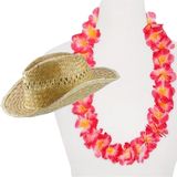 Carnaval verkleed set - Tropische Hawaii party - stro beach hoed - met roze bloemenslinger - Verkleedhoofddeksels