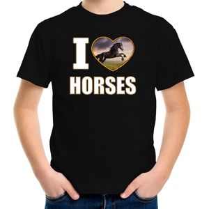 I love horses t-shirt met dieren foto van een zwart paard zwart voor kinderen - T-shirts
