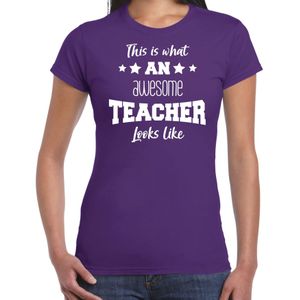Cadeau t-shirt voor dames - awesome teacher - paars - docent/lerares schooljaar bedankje - Feestshirts