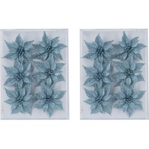 Decoratie bloemen rozen ijsblauw glitter op ijzerdraad 8 cm - Kunststof kerstboomversiering