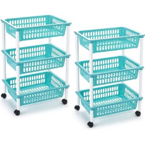 2x stuks opberg organiser trolleys/roltafels met 3 manden 62 cm in het turquoise blauw - Opberg trolley