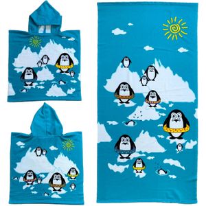 Set van bad cape/poncho met strand/badlaken voor kinderen pinguin print microvezel - Badcapes