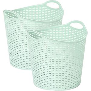 Plasticforte Gevlochten wasmand/opbergmand - 2x - flexibel - lichtgroen - 27 liter - rond - kunststof - 40 x 37 cm