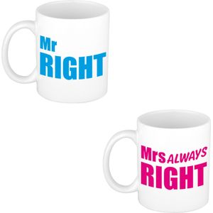 Mr right en mrs always right cadeau mok / beker wit met blauwe en roze letters 300 ml - feest mokken