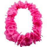 Tropische Hawaii party verkleedset - strohoedje - en bloemenkrans - fuchsia roze - Verkleedhoofddeksels