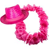 Tropische Hawaii party verkleedset - strohoedje - en bloemenkrans - fuchsia roze - Verkleedhoofddeksels