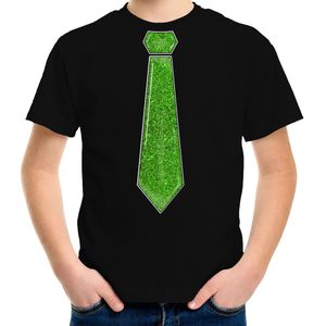 Verkleed t-shirt voor kinderen - glitter stropdas - zwart - jongen - carnaval/themafeest kostuum - Feestshirts