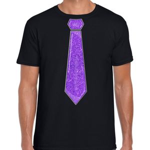 Verkleed t-shirt voor heren - stropdas glitter paars - zwart - carnaval - foute party - Feestshirts