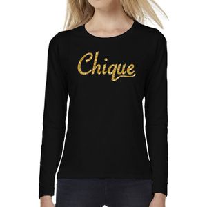 Chique goud glitter tekst t-shirt long sleeve zwart voor dames - Feestshirts