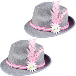 Verkleed hoedje voor Oktoberfest/duits/tiroler - 2x - grijs/roze - volwassenen - Carnaval - Verkleedhoofddeksels