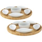 Set van 2x stuks serveerplanken bamboe dia 26 cm met luxe hapjes/saus/tapas keramieken schaaltjes