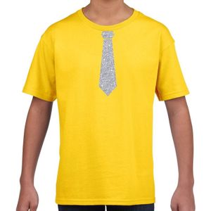 Stropdas zilver glitter t-shirt geel voor kinderen - Feestshirts