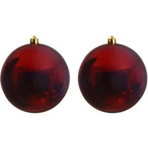 2x Grote donkerrode kerstballen van 14 cm glans van kunststof - Kerstbal