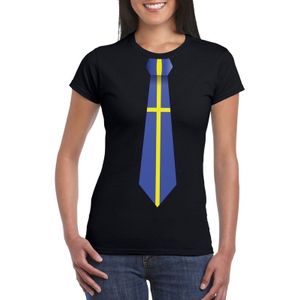 Zwart t-shirt met Zweden vlag stropdas dames - Feestshirts