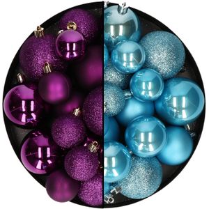 Kerstballen 60x stuks - mix paars/ijsblauw - 4-5-6 cm - kunststof - Kerstbal
