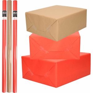10x Rollen Kraft Inpakpapier/Kaftpapier Pakket Bruin/Rood 200 X 70 Cm/Cadeaupapier/Verzendpapier/Kaftpapier