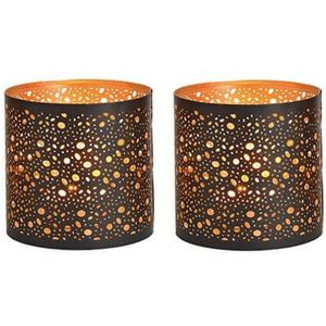 2x Theelichthouders/waxinelichthouders windlichten zwart/goud stippen patroon 13 cm - Waxinelichtjeshouders